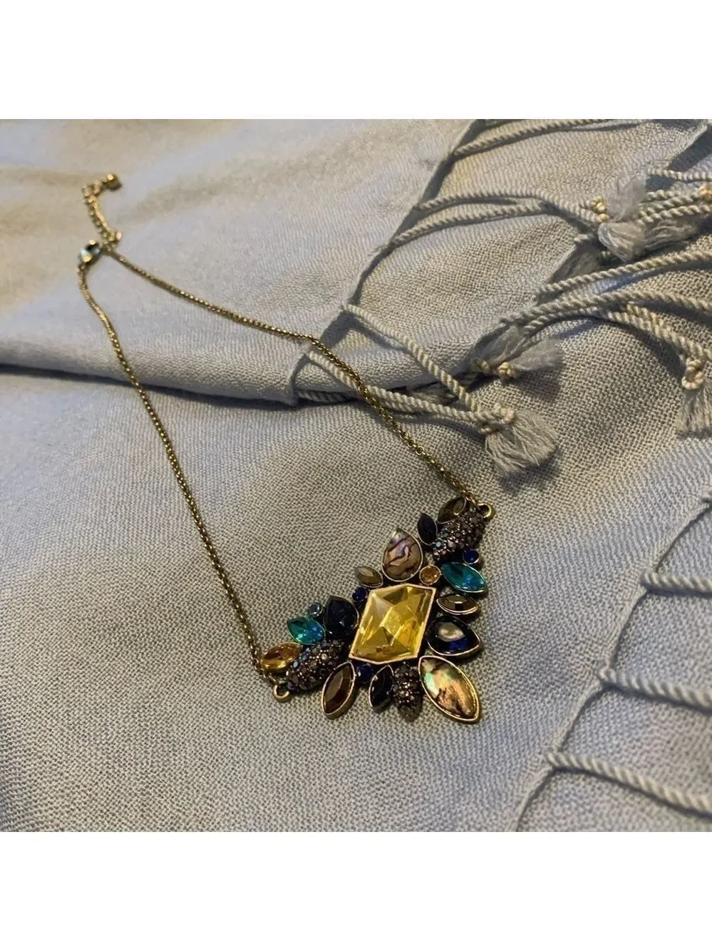 Jeweled statement necklace, blue gold abalone new prom formal dance glam